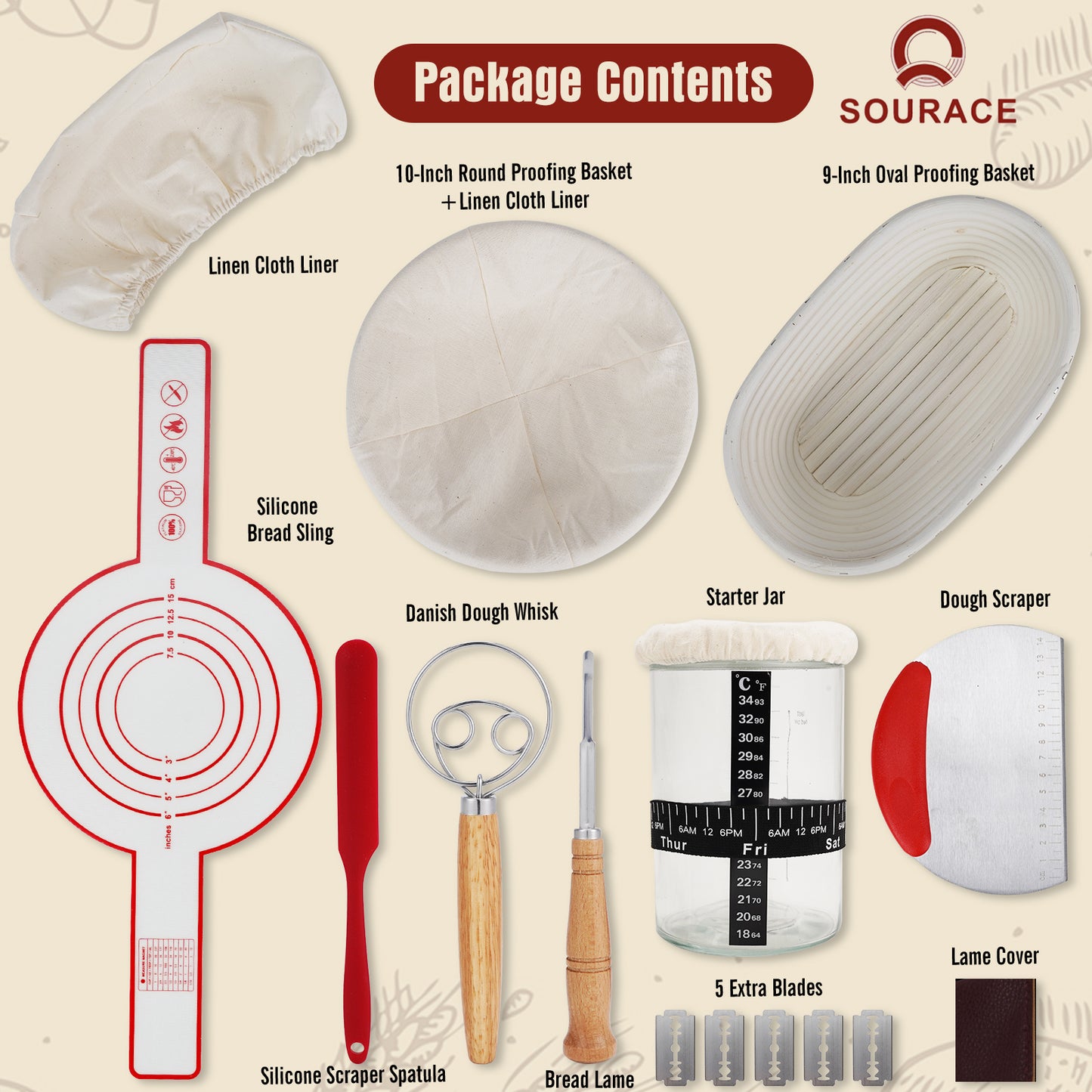 SOURACE™ | Sourdough Starter Kit,10 Inch Round & 9 Inch Oval Sourdough Bread Basket Set